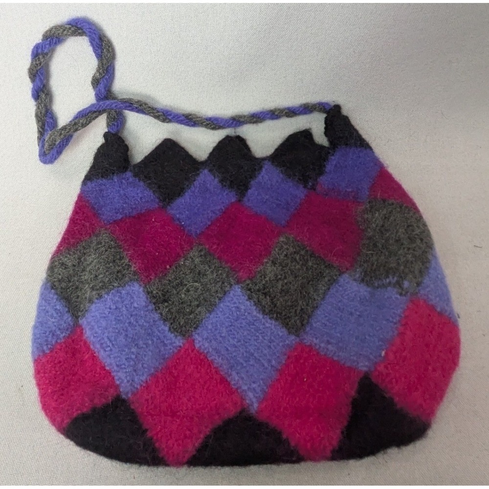 Felted Wool Bag Women Small Multicolor Excellent Boho Harlequin Purse